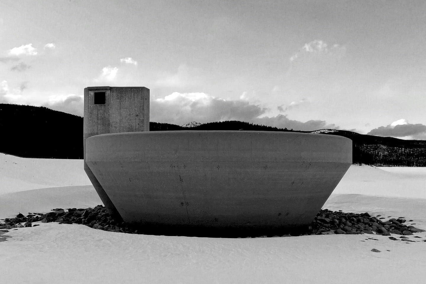 Concrete sculpture on a snowy field outside Toronto